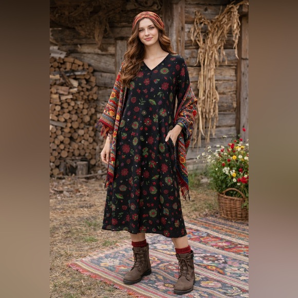 Gudrun Sjoden Dresses & Skirts - Gudrun Sjödén Floral Modal Midi/Maxi Dress Black Scandinavian Boho Size M